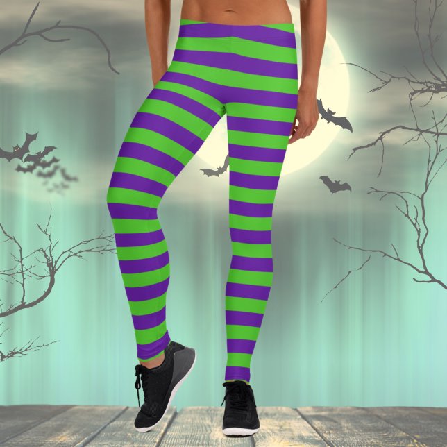 Grönt och violett rand leggings (Purple and Green Halloween Costume Striped Leggings for Women)