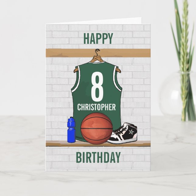 Grönt och vit basket Jersey Lycklig Birthdday Kort (Framsida)