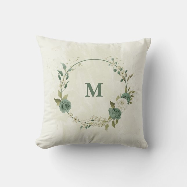 grönt och vit blomma kudde (Framsida)