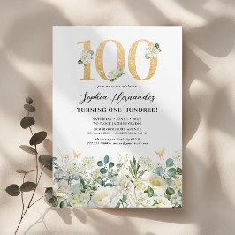 Grönt och vit Blommigt 100:e Födelsedagsfesten Inbjudningar