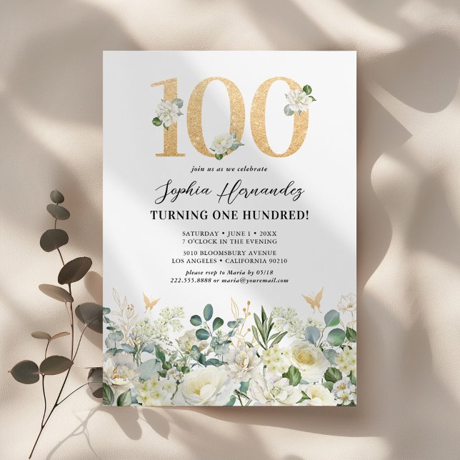 Grönt och vit Blommigt 100:e Födelsedagsfesten Inbjudningar (Skapare uppladdad)