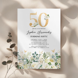Grönt och vit Blommigt 50:e Födelsedagsfesten Inbjudningar