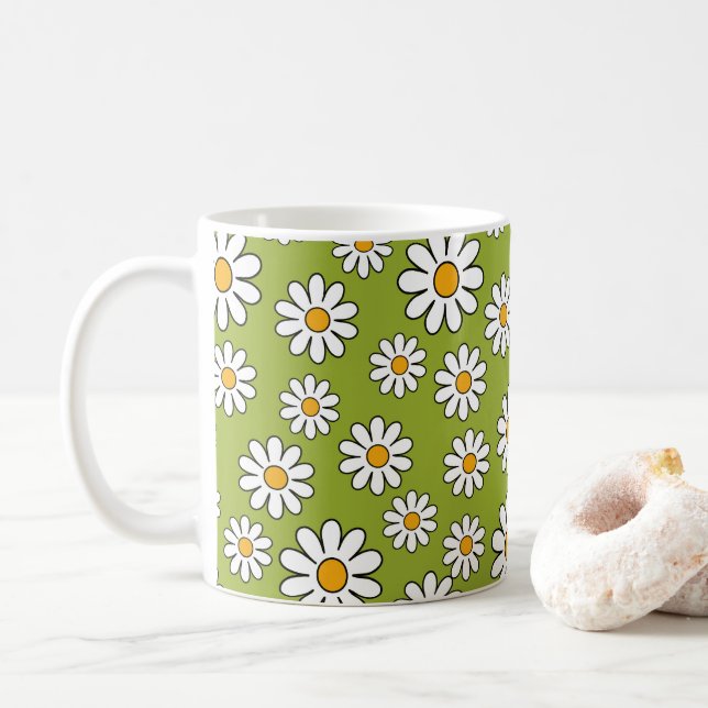 Grönt och vit Blommigt Daisyn Mönster Kaffemugg (Med munk)