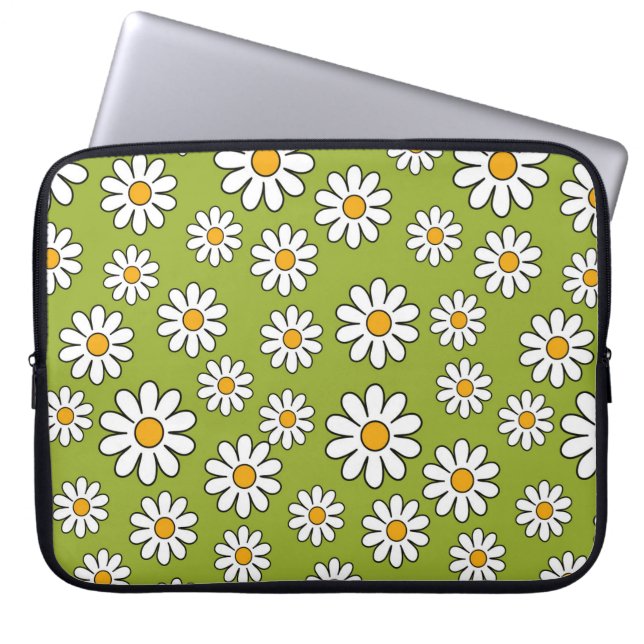 Grönt och vit Blommigt Daisyn Mönster Laptop Fodral (Framsidan)