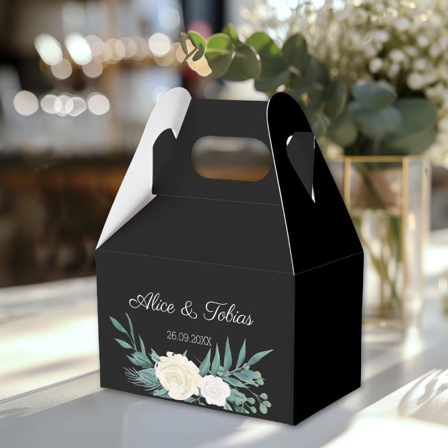 Grönt och vit Elegant Blommigt Bröllop Presentaskar (Elegant flowers Green White Favor Boxes with your names and date.)
