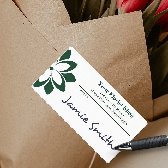 Grönt och vit florist- och målutrymmesleverans fraktsedel (Green & White Florist & Destination Space Delivery Label, Custom Logo, Florist Shop Address)