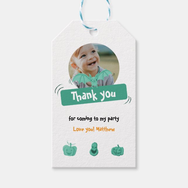 Grönt och vit Halloween-födelsedagsfest tack Presentetikett (Framsidan)