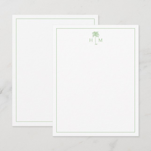 Grönt och vit Handflatan Palmetto Träd Monogram Anteckningskort (Fram/baksida)