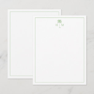 Grönt och vit Handflatan Palmetto Träd Monogram Anteckningskort