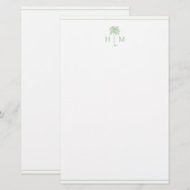 Grönt och vit Handflatan Palmetto Träd Monogram Brevpapper