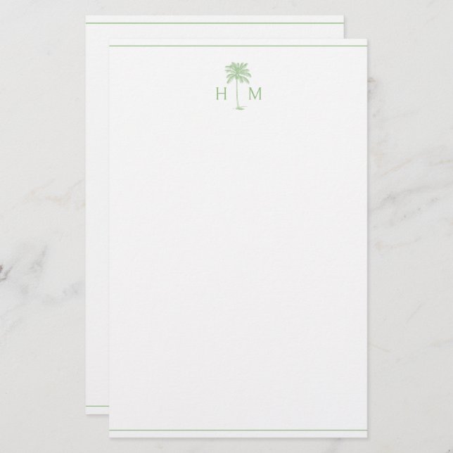 Grönt och vit Handflatan Palmetto Träd Monogram Brevpapper (Fram/baksida)