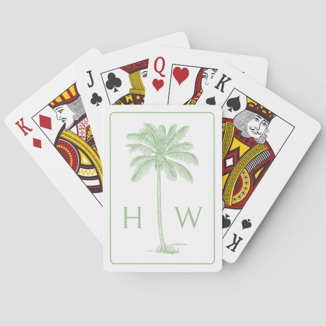 Grönt och vit Handflatan Palmetto Träd Monogram Casinokort (Baksidan)