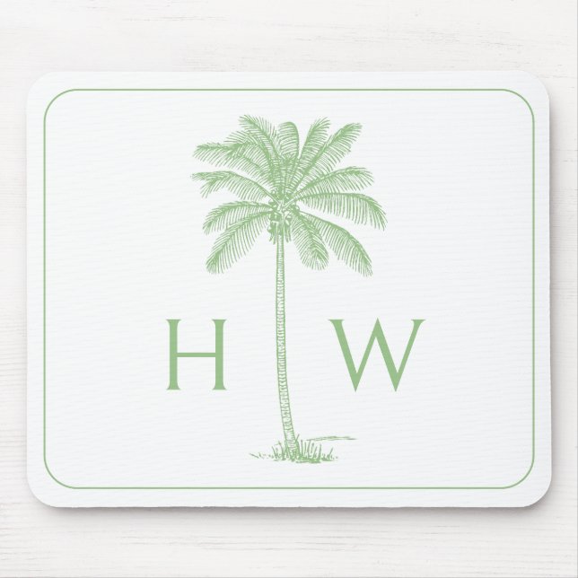 Grönt och vit Handflatan Palmetto Träd Monogram Musmatta (Framsidan)