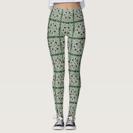 Grönt och vit keltisk Knot Stone Mosaic Leggings