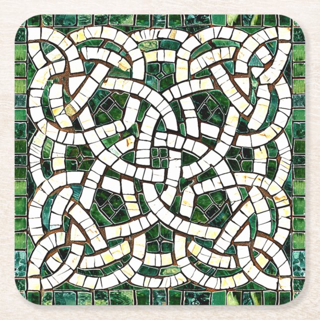 Grönt och vit keltisk Knot Stone Mosaic Underlägg Papper Kvadrat (Framsidan)