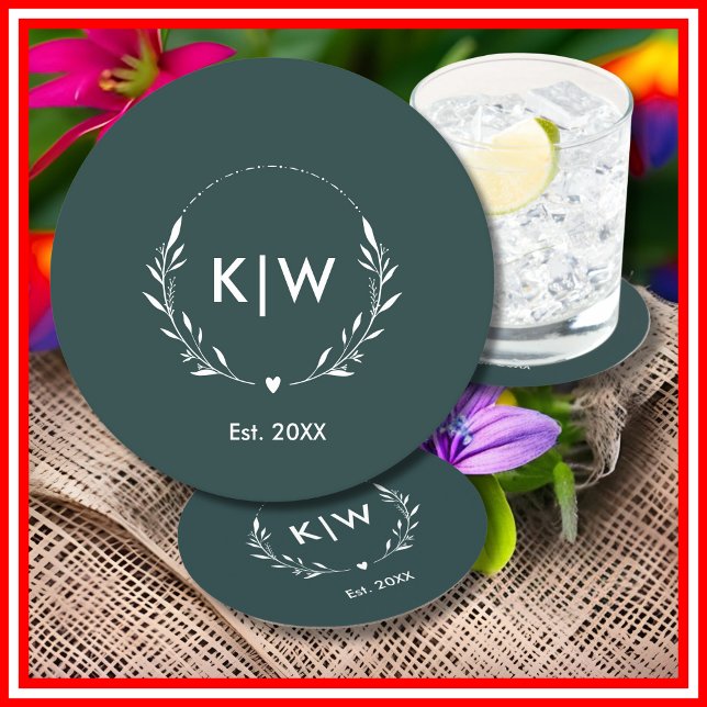 Grönt och vit | Modern Initialer Monogram Underlägg Papper Rund (Skapare uppladdad)