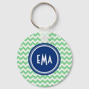 Grönt och vit monogram Geometric Chevron Mönster Nyckelring