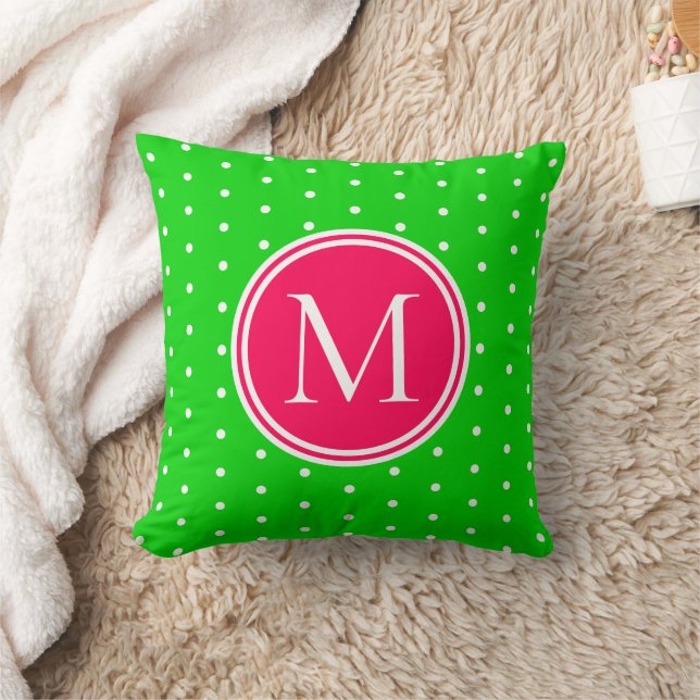 Grönt och vit polkadda med Rosa Monogram Kudde (Filt)