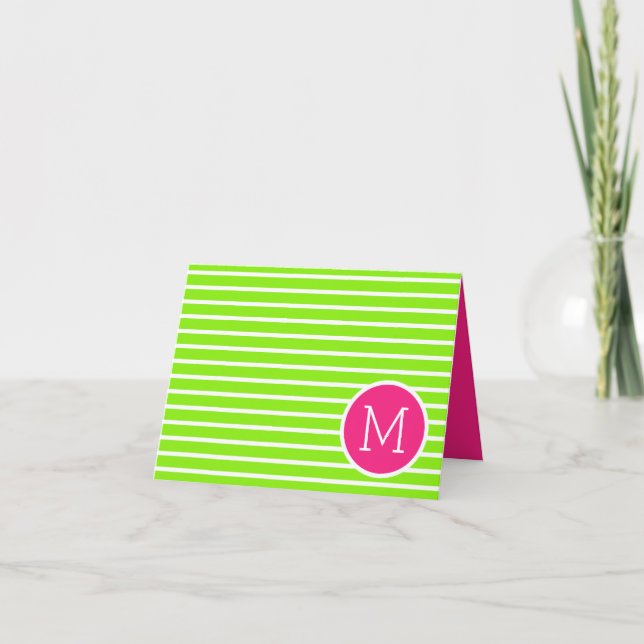 Grönt och vit Rand med Rosa Monogram Anteckningskort (Framsida)