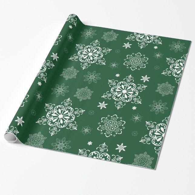 Grönt och vit snöflake mönster presentpapper (Utrullad)