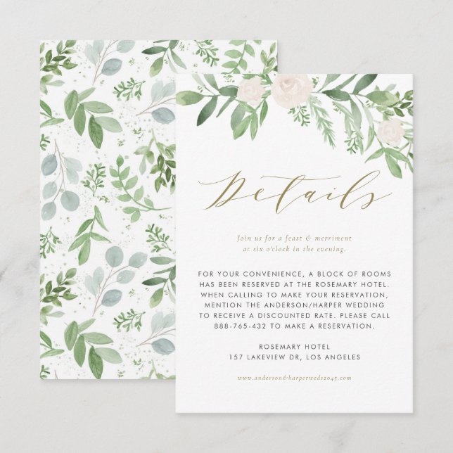 Grönt och vita blommor Bröllopsdetaljer Tilläggskort (Fram/baksida)