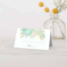 grönt och vita blommor guld botaniska bröllop placeringskort