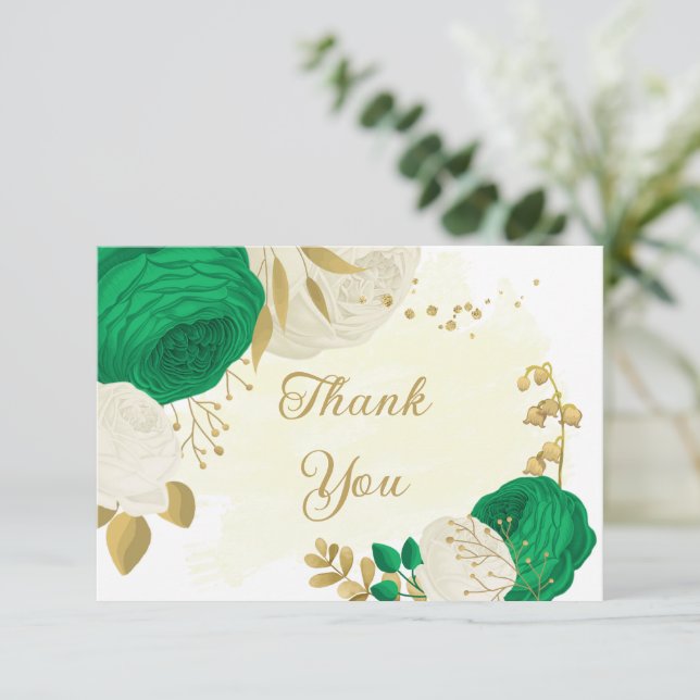 grönt och vita blommor guld botaniska bröllop tack kort (Stående Fram)
