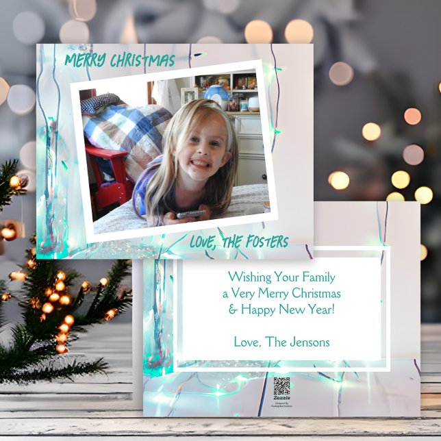 Grönt och vita julbelysningsfoto semester julkort (Skapare uppladdad)