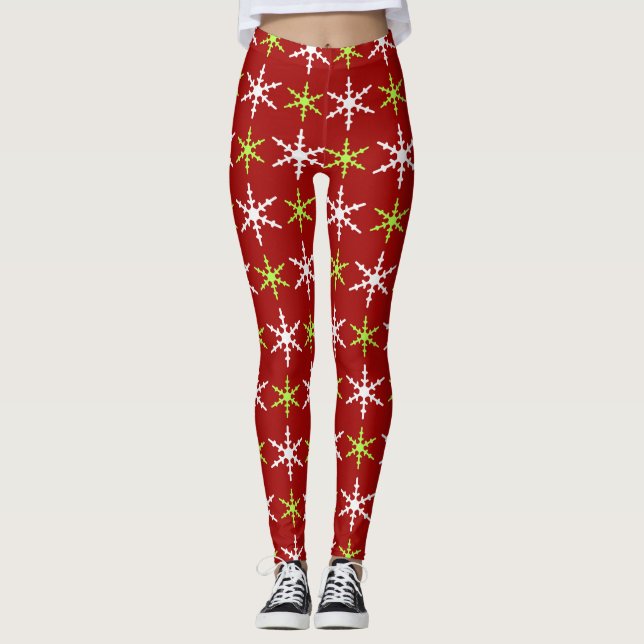 Grönt och vita snöflingor mönster leggings (Framsida)
