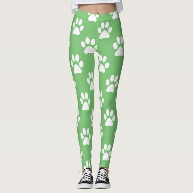 Grönt och vita tass mönster leggings (Framsida)