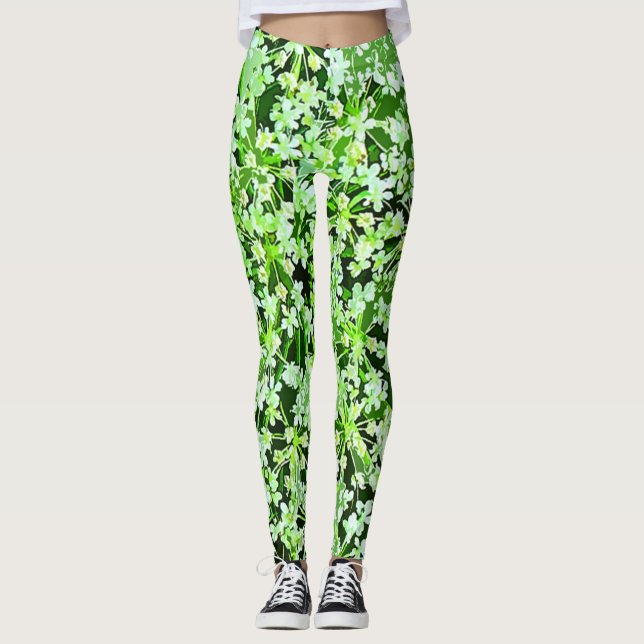 Grönt och vita trädgårdsblommor Blommigt Leggings (Framsida)