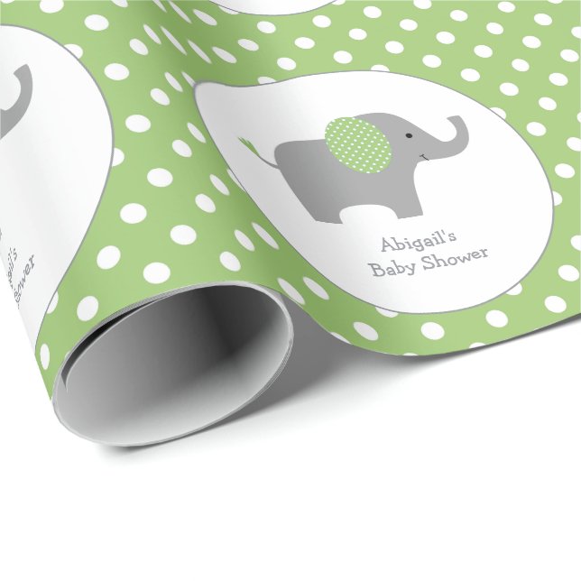 Grönt och vitpolka Dot Elephant Baby Shower Presentpapper (Rullad Hörn)