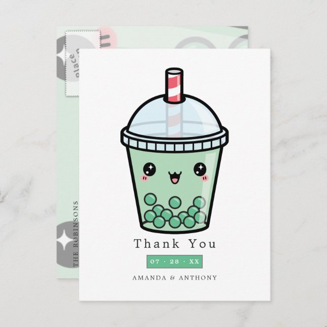  Grönt och vitt akvarell blomstermönster tack för  Vykort (Fram/baksida)