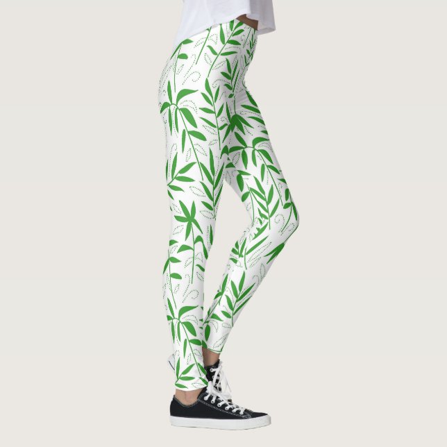 Grönt och vitt bamboo löv Japanska mönster Leggings (Höger)