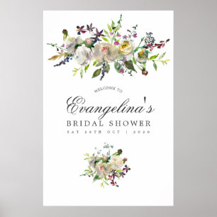 Grönt och Vitt Blommigt Bröllopsfest Välkommen Poster