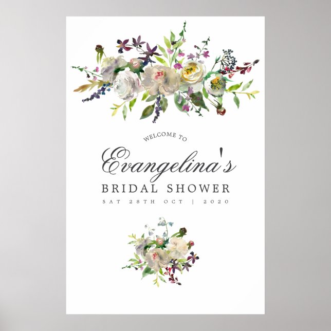 Grönt och Vitt Blommigt Bröllopsfest Välkommen Poster (Framsidan)