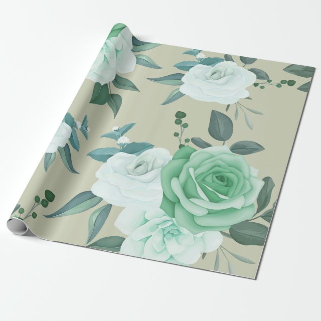 Grönt och vitt blommigt presentpapper (Utrullad)