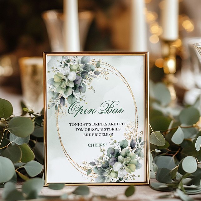 Grönt och Vitt Boho Öppet Bar-Husdockskylt Poster (Green and White Boho Open Bar Wedding Sign)