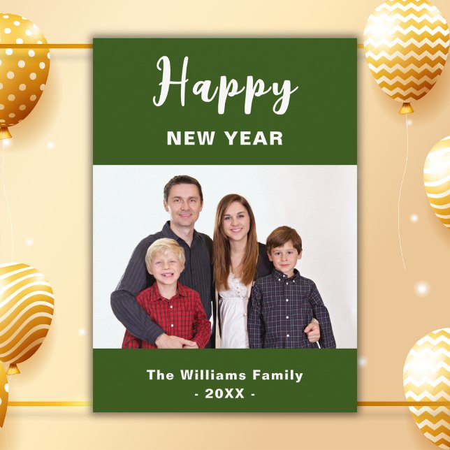 Grönt och vitt enkelt Gott nytt år-familjefoto Julkort (Skapare uppladdad)