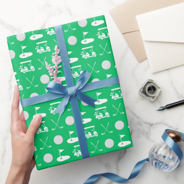 Grönt och vitt Golf Bollar, karts och Klubbar Presentpapper (Gifting)