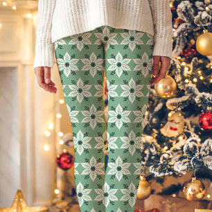 Grönt och Vitt Poinsettia Mönster Jul Leggings