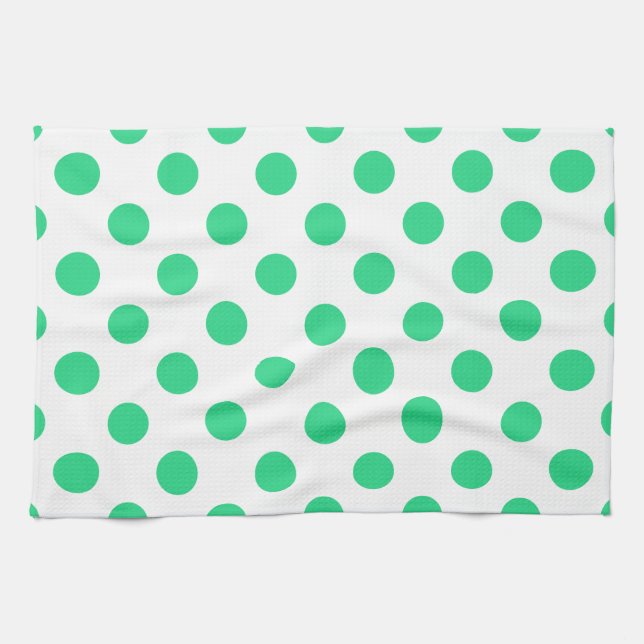 Grönt och vitt polka dots kökshandduk (Horisontell)