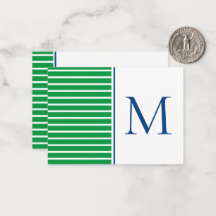Grönt och vitt Rand med marint blått monogram Anteckningskort