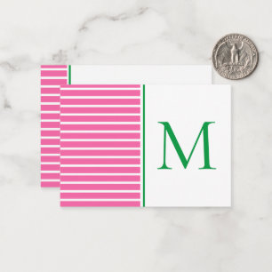 Grönt och vitt Rand med marint blått monogram Anteckningskort