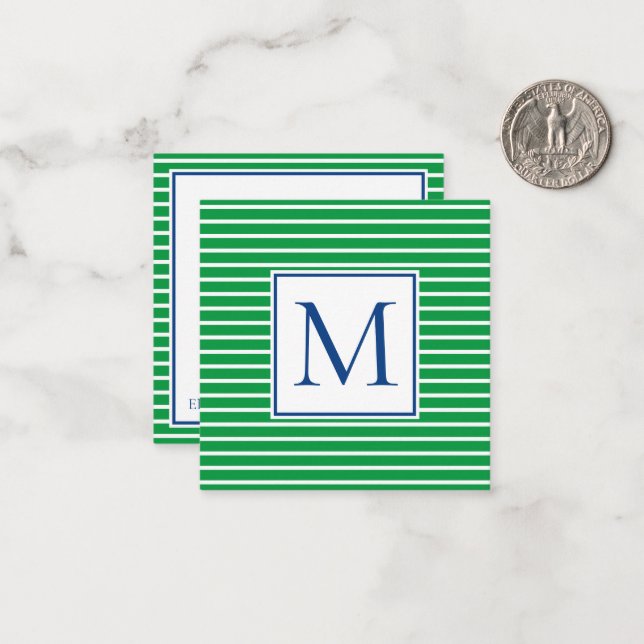 Grönt och vitt Rand med marint blått monogram Anteckningskort (Fram/Back In Situ)