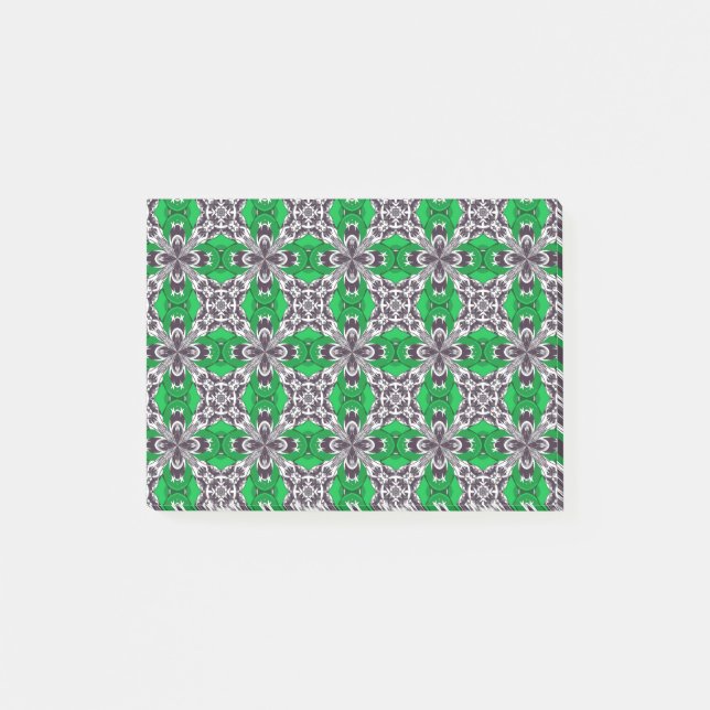 Grönt och Vitt Upprepande Kakel Mönster Post-it Block (Framsida)