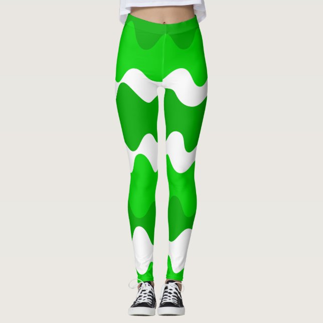 Grönt och vitt vågrät vinkarare mönster leggings (Framsida)