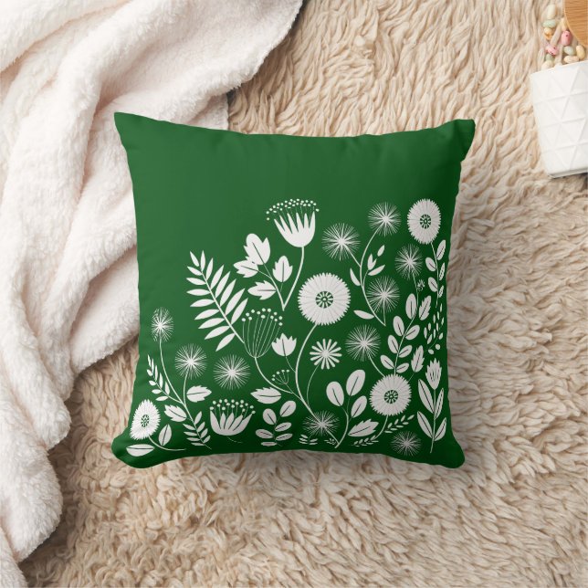 Grönt och White Boho Wildblomma Kudde (Filt)