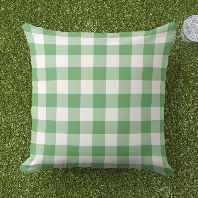 Grönt och White Gingham Play Mönster Kudde (Gräs)