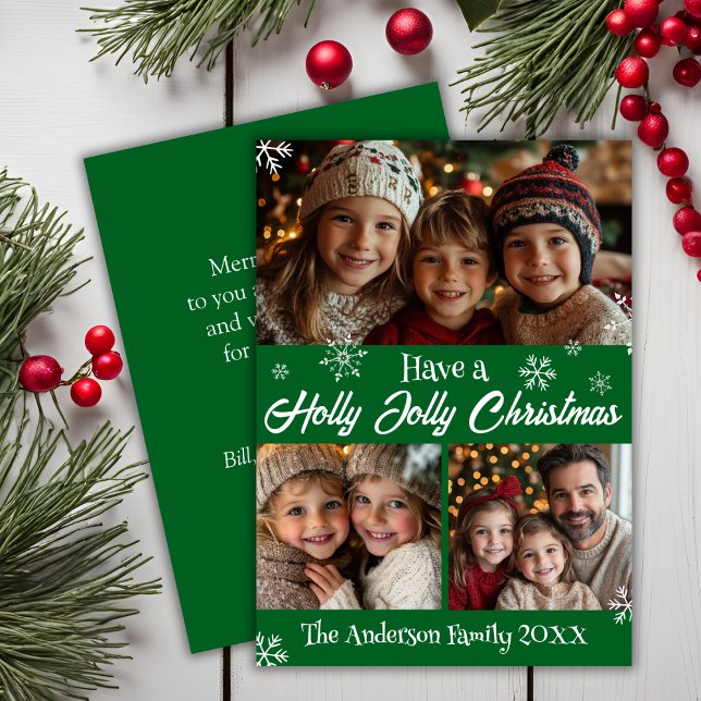 Grönt och White Holly Jolly-julfamiljfoto Julkort (Green And White Holly Jolly Christmas Family Photo Holiday Card
)